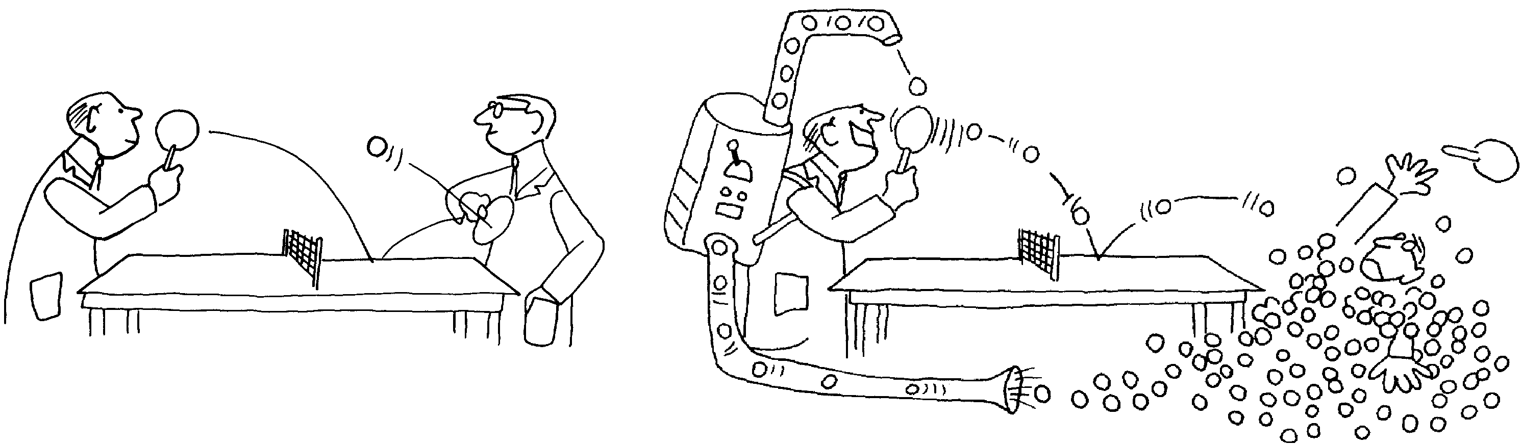 Two cartoons from Licklider's 'The Computer as a Communication Device'. Left: two men playing ping pong, one ball in motion. Right: a man at the table with a mechanical contraption launching dozens of balls at his opponent, who is buried under them.